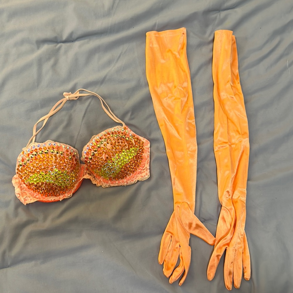 Hand rhinestoned bra and matching gloves